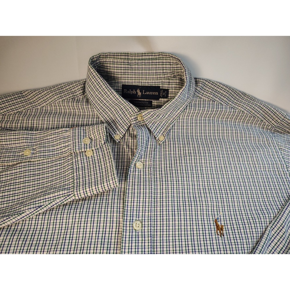 Ralph Lauren Yarmouth Mens 16 34/35 Blue Green Check Oxford Nude Pony Shirt